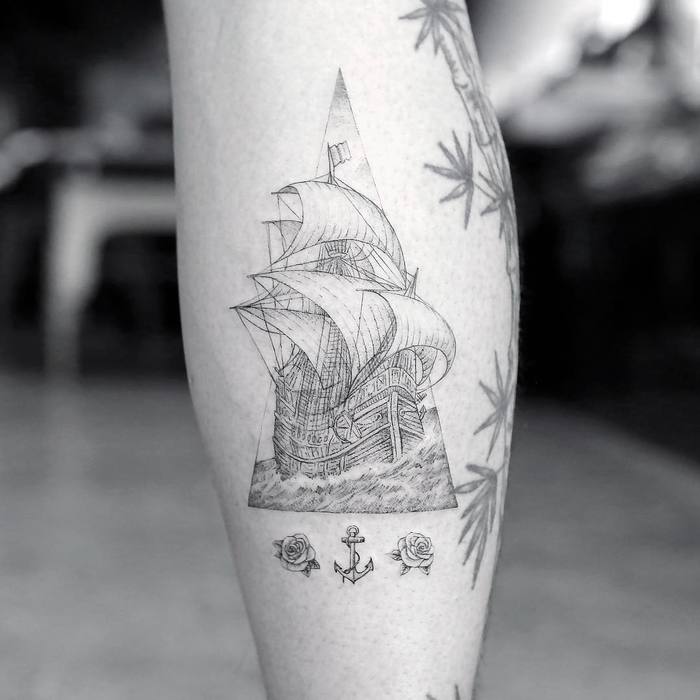 Fine Lines Ship Tattoo by mr.k_tattoo