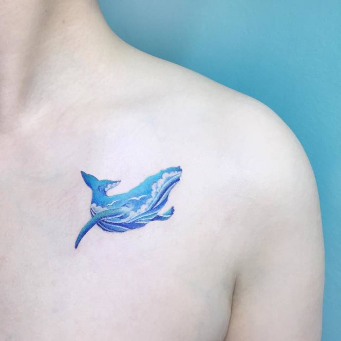 Blue Ink Whale Tattoo by tattooist IDA