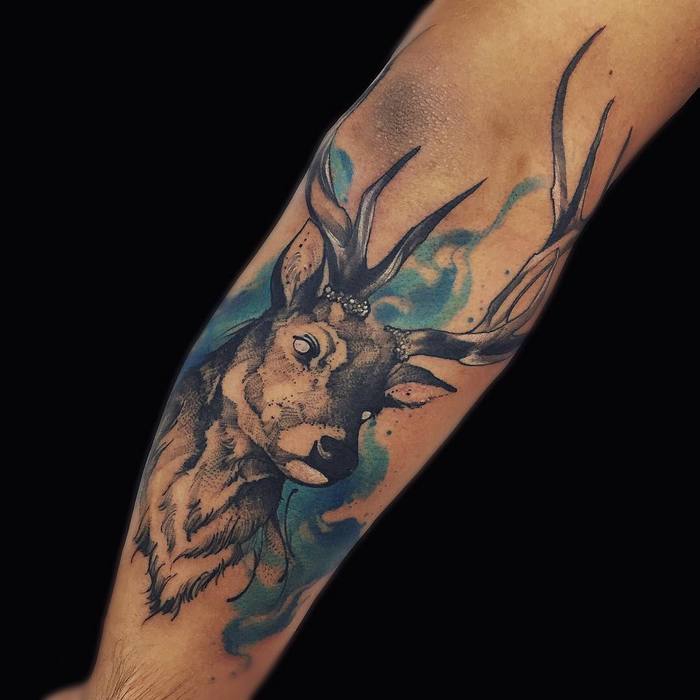 Black Ink and Watercolor Deer Tattoo by Phellipe Rodrigues 
