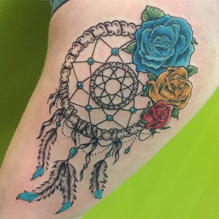 Dreamcatcher Tattoo with colorful roses by Jenna Stanish
