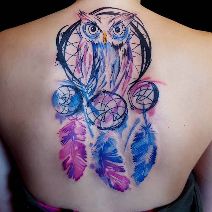 Colored Dreamcatcher Tattoo with Owl by Katka Hollasova