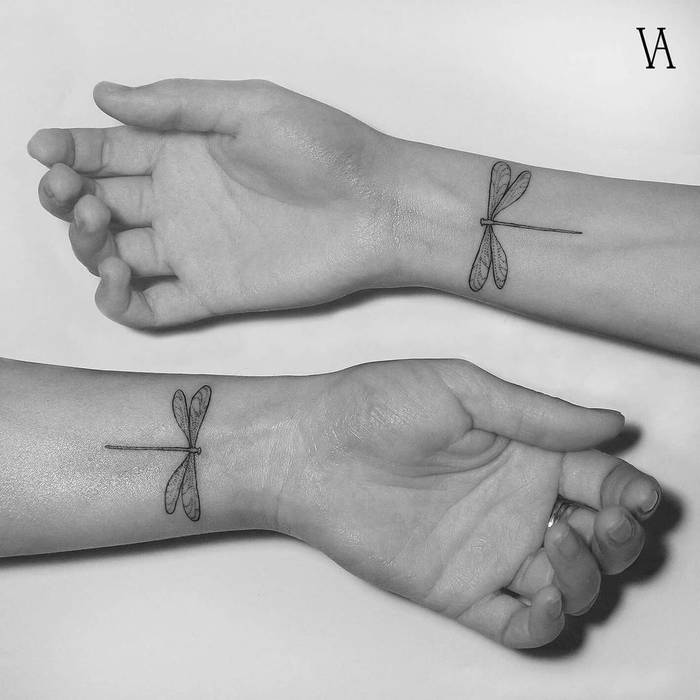 Matching Dragonfly Tattoos by Violeta Arús