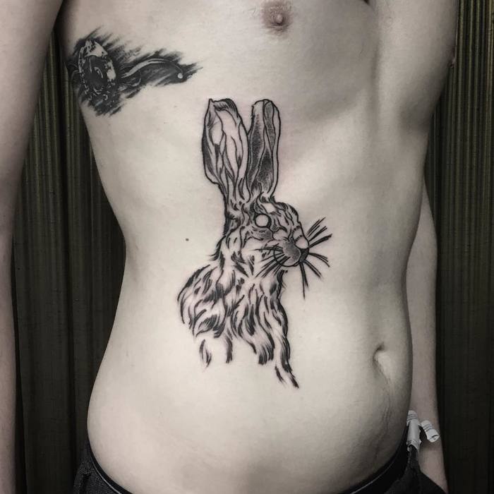 Black Ink Rabbit Tattoo by Harry Robbins