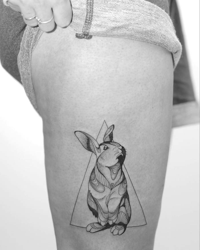Black and Grey Rabbit Tattoo by Minnie