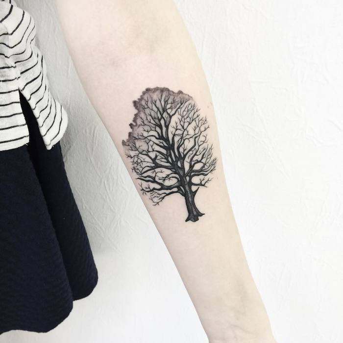 Black Ink Tree Tattoo on Forearm by victoriascarlet93