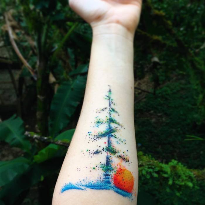 Colored Dot Work Tree Tattoo by Juan Carlos Mendoza