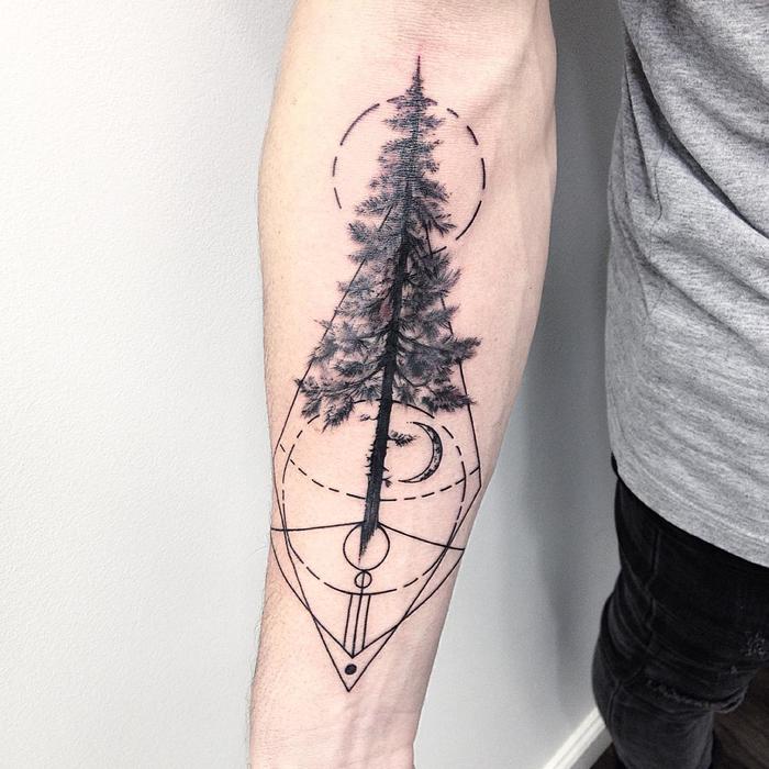 Pine Tree Tattoo with Geometric Elements by Ste Artno