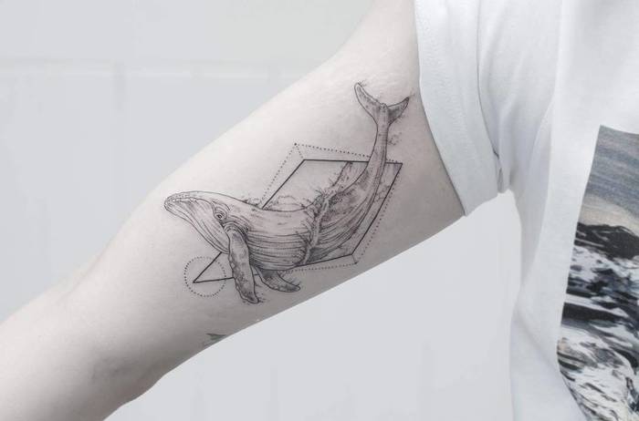 Fine Line Geometric Whale Tattoo by Phoebe Hunter 
