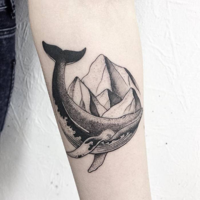 Dotwork Whale and Mountains by victoriascarlet93