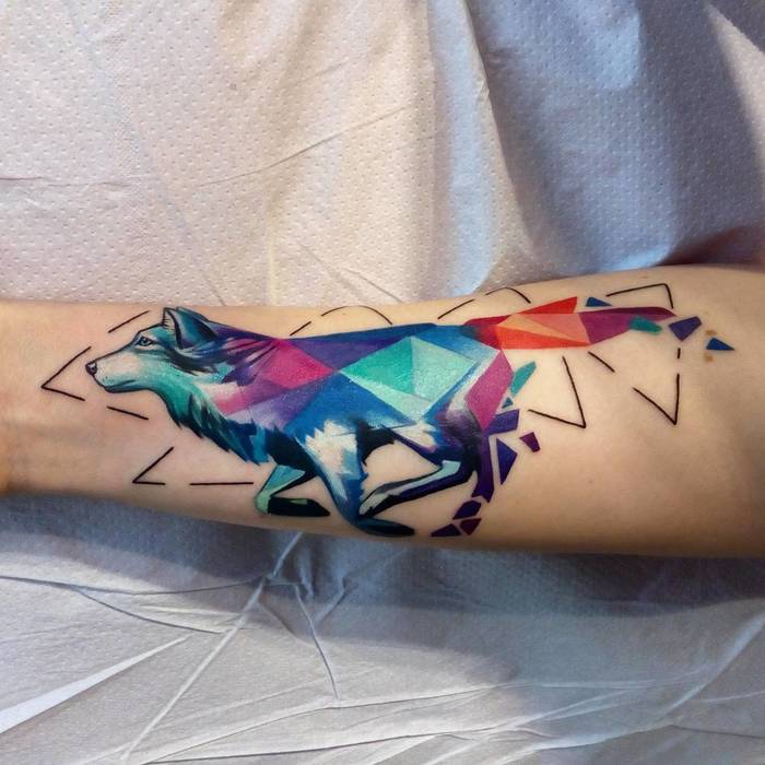 Colored Geometric Wolf Tattoo by ilotattoo