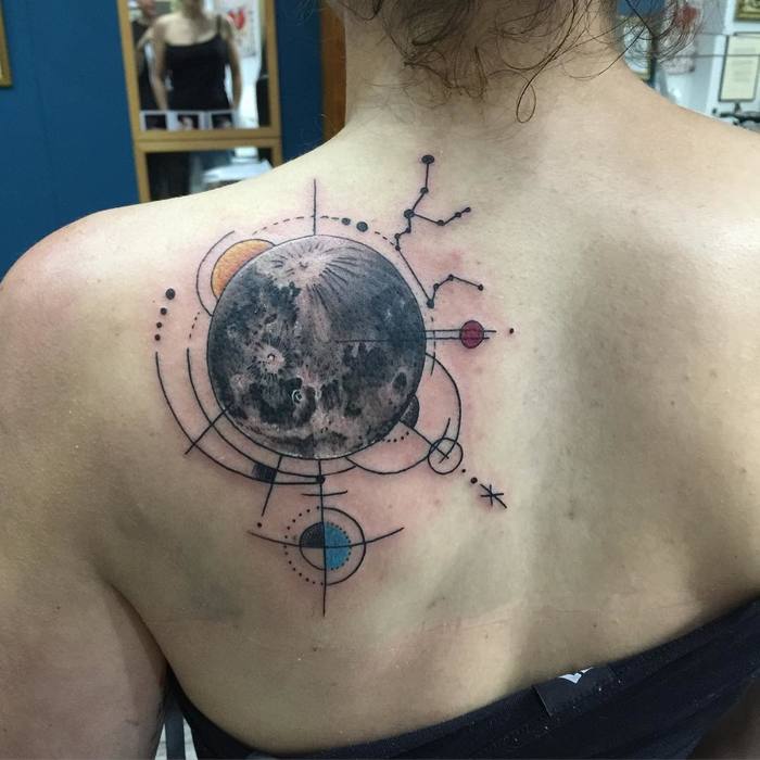 Full Moon Tattoo with Geometric Elements by anestattoo