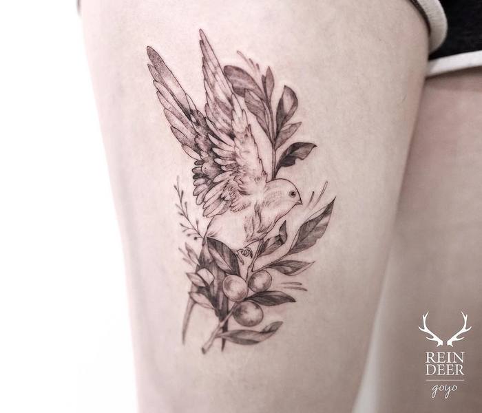 Olive Branch and Dove Tattoo by goyotattooart