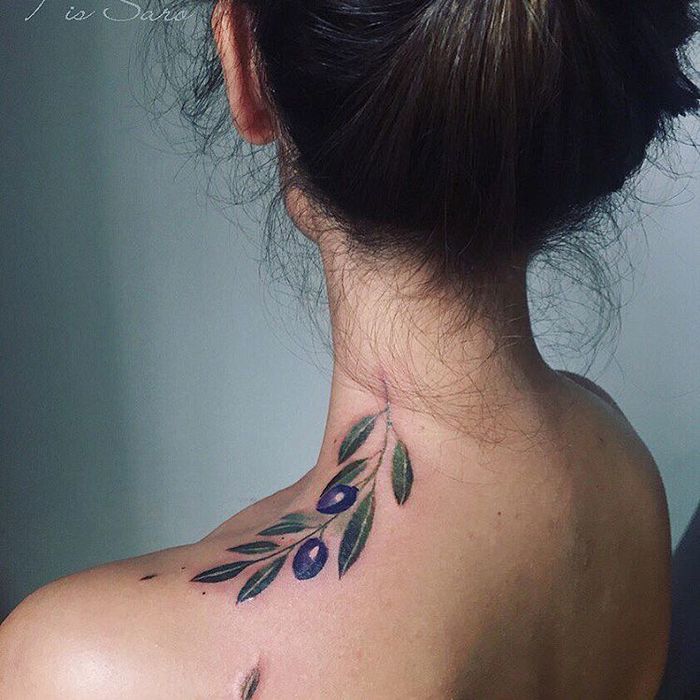 Colored Olive Branch Tattoo on Shoulder by Pis Saro