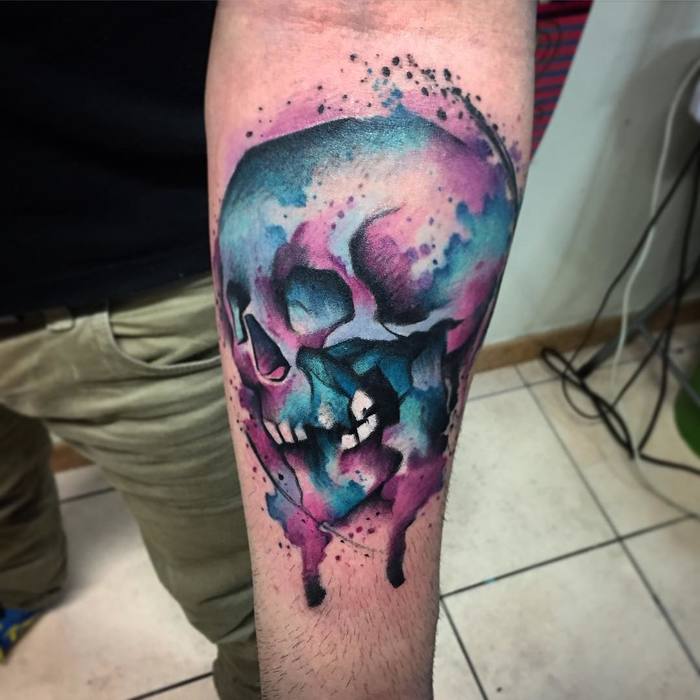 Watercolor Skull Tattoo by Mattia Manigas 