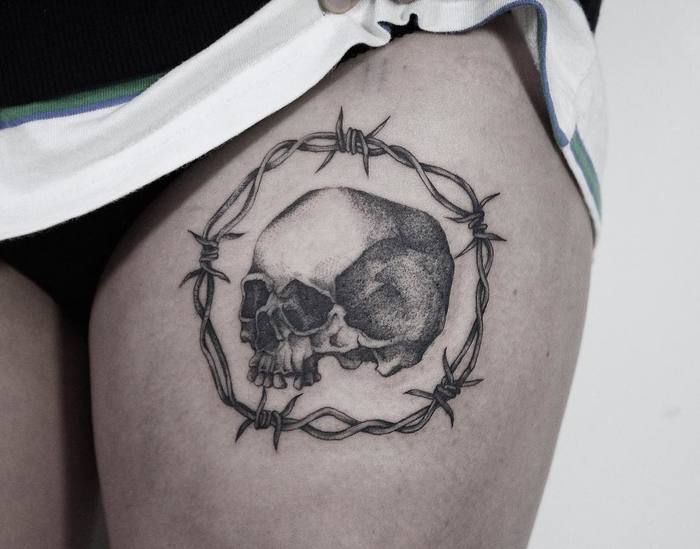 Dotwork Skull Tattoo & Barbed Wire by yejitattoo 