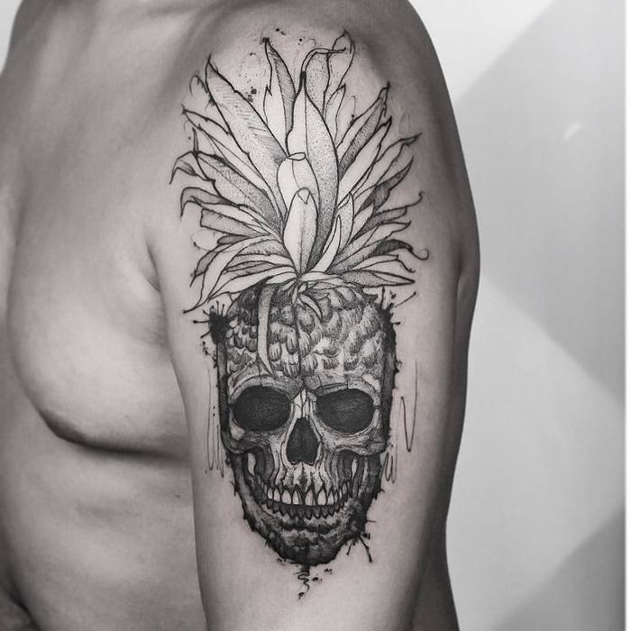 Sketchy Pineapple Skull Tattoo by Andre Felipe