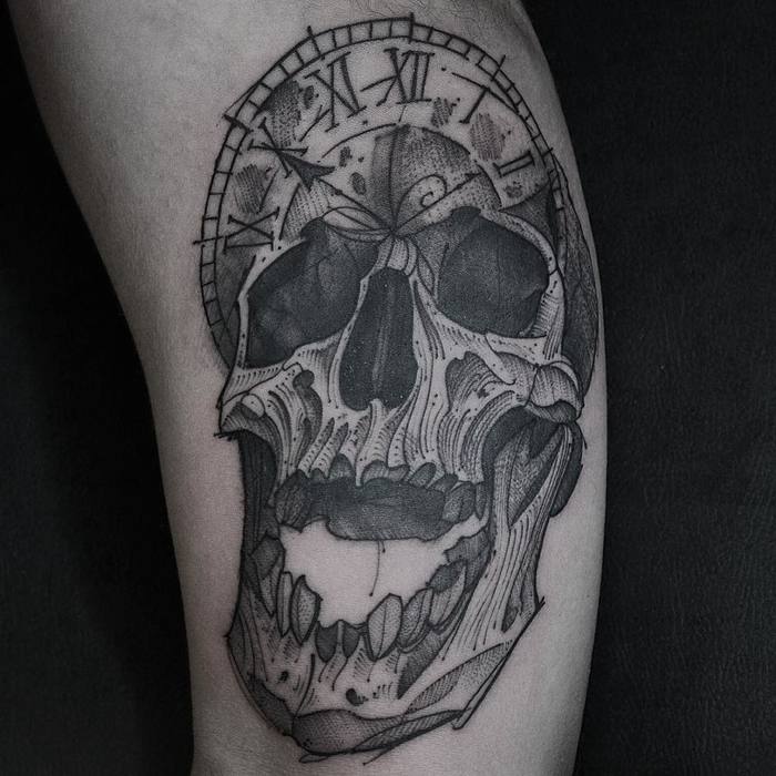 Black Ink Skull Tattoo by Junnio Nunes