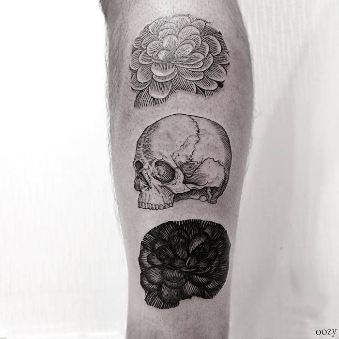 Skull and Flowers Tattoo by oozy