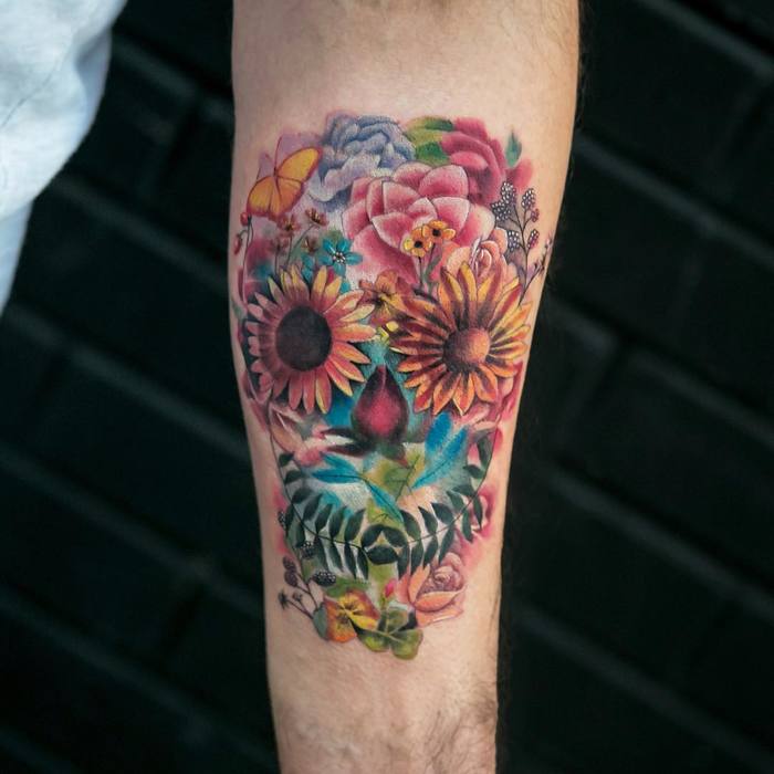 Floral Skull Tattoo by Joice Wang