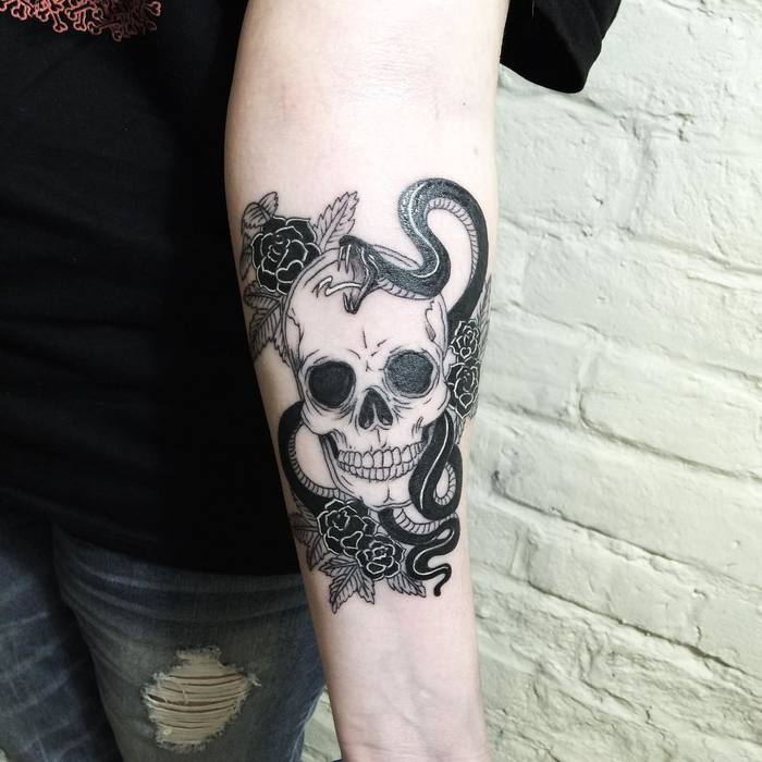 Skull with Snake and Flowers Tattoo by victoriascarlet93