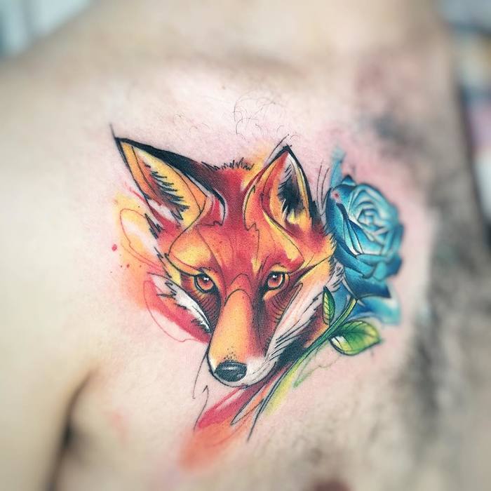 Watercolor Fox and Blue Rose by adrianbascur