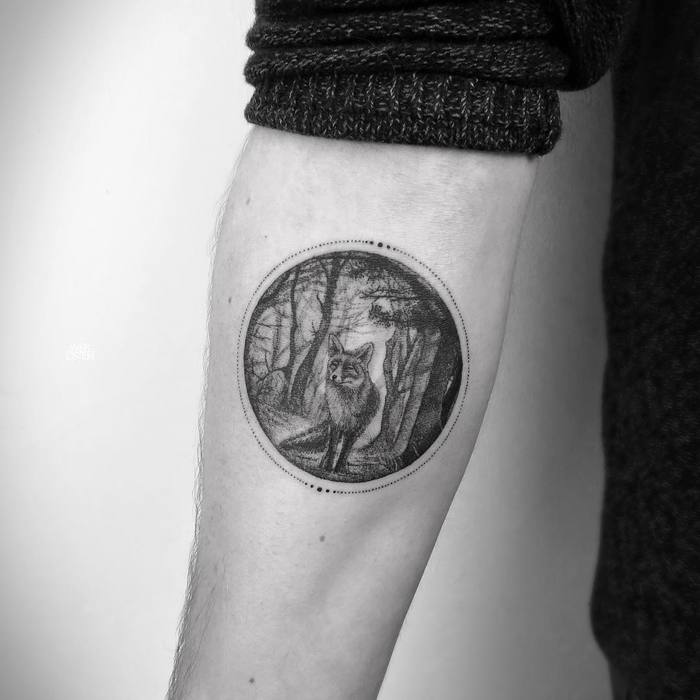 Circular Fox and Landscape Tattoo by mark_ostein