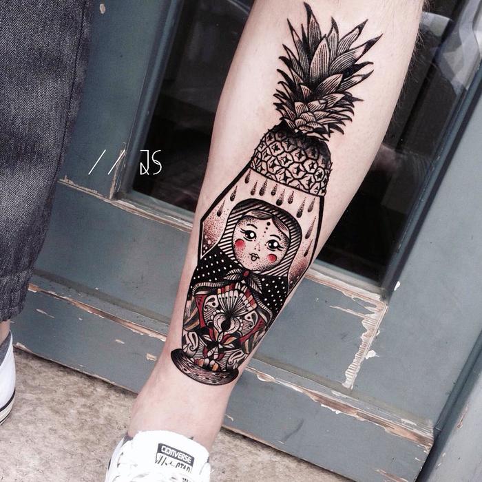 Tropical Matryoshka Doll Tattoo on Leg by jessicasvartvit
