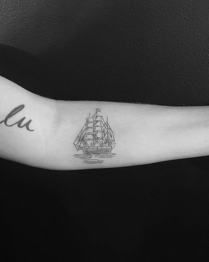 Small Linework Ship Tattoo by mnsantanatattoo