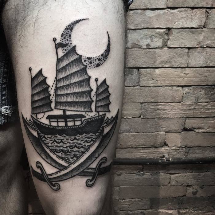 Blackwork Ship Tattoo by anspham