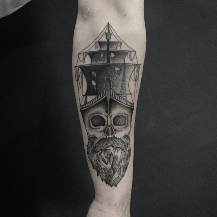 Dotwork Pirate Ship Tattoo by fiend_owned