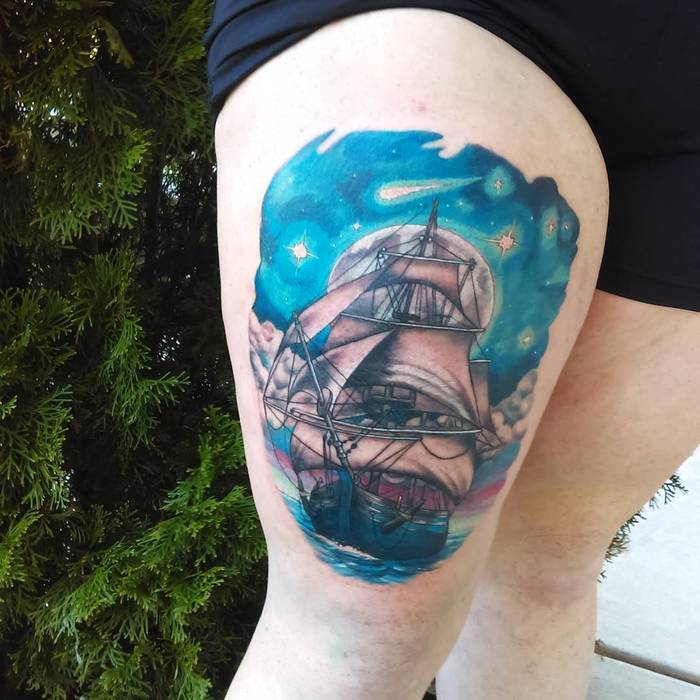Colored Ship Tattoo by klwtattoos