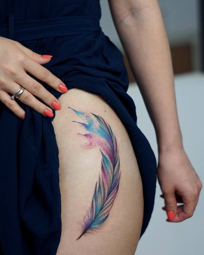Watercolor Feather Tattoo on Thigh by botykanna
