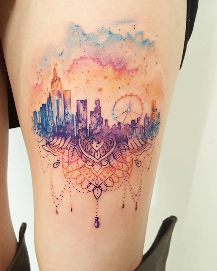 Watercolor Floating Mandala City by amberrobyntattoos