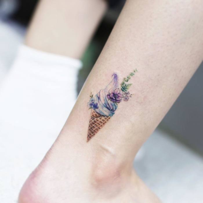 Ice Cream and Flowers on Ankle by tattooist_flower