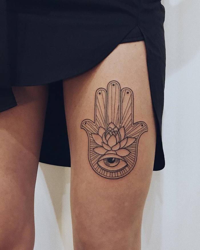 Linework Hamsa Tattoo with Lotus by nesheva_ulyana