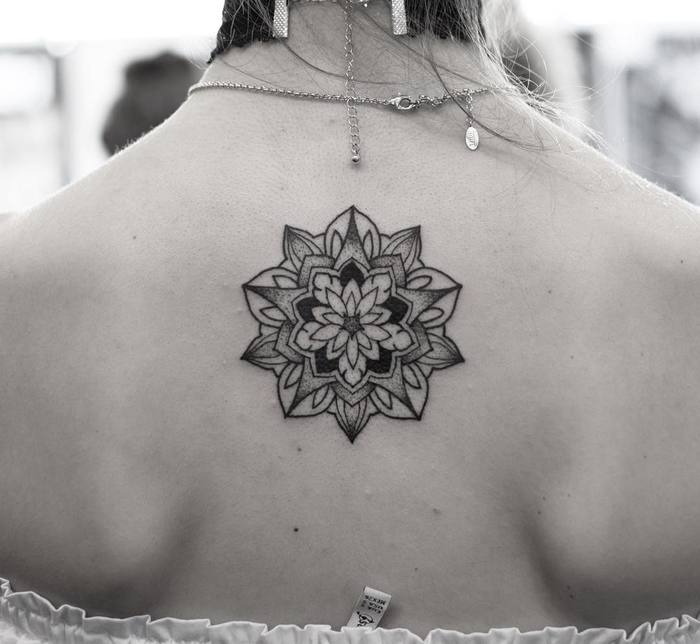 Linework and Dotwork Mandala Tattoo on Back by wagnerbasei
