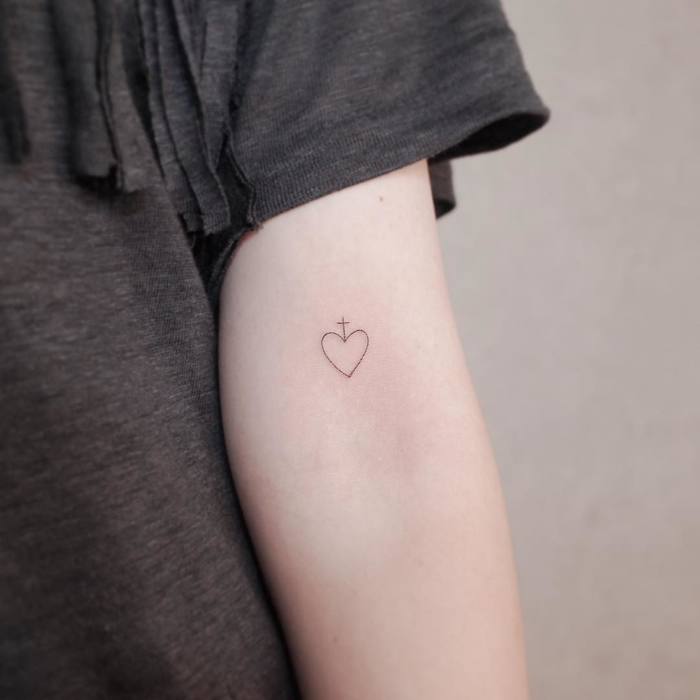 Fine Line Heart and Cross Tattoo by Witty Button